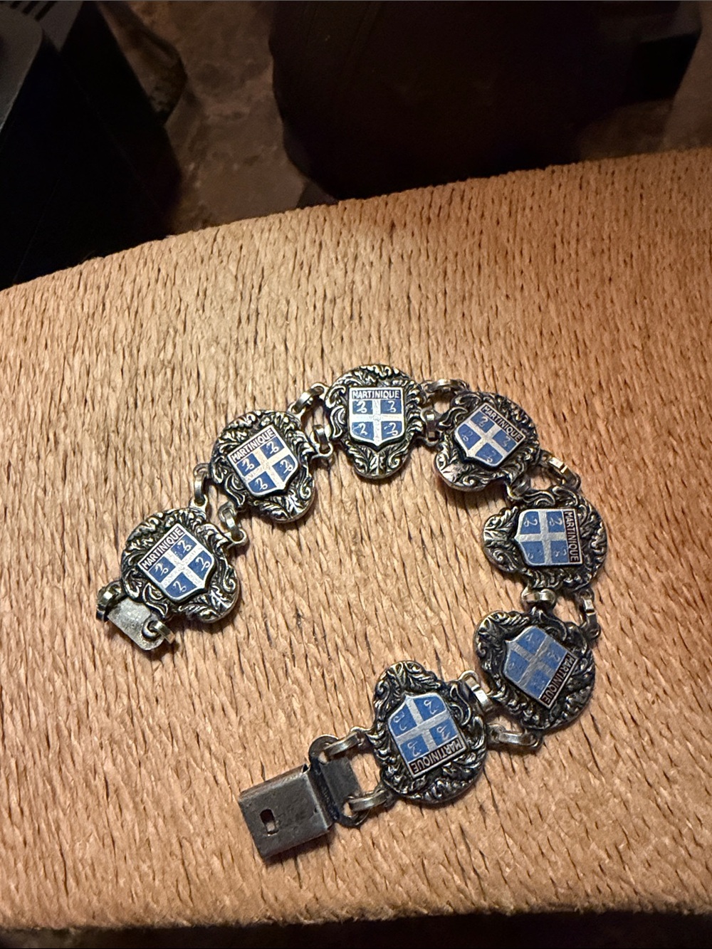 Crest Silver-Tone Blue Enamel Bracelet shields Martinique vintage souvenir jewel